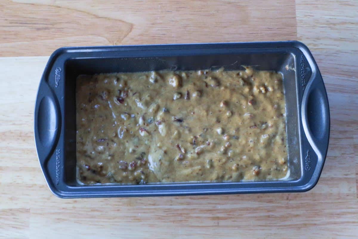 Date nut loaf batter in prepared loaf pan