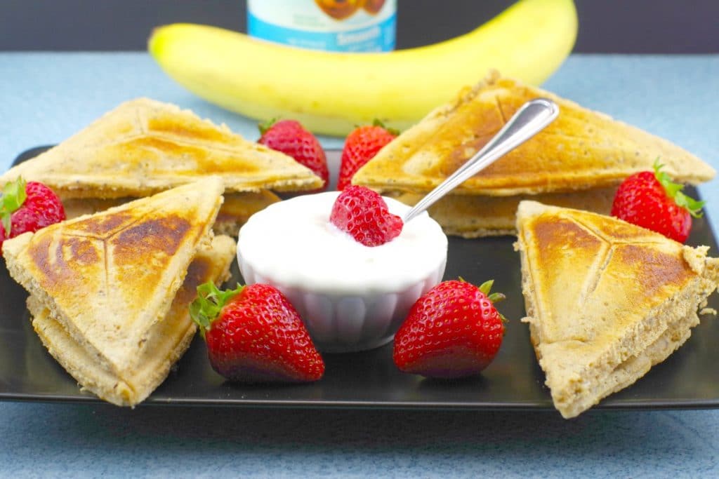 PB&J Pancake Breakfast Sandwich with fruit, yogurt and jam - foodmeanderings.com