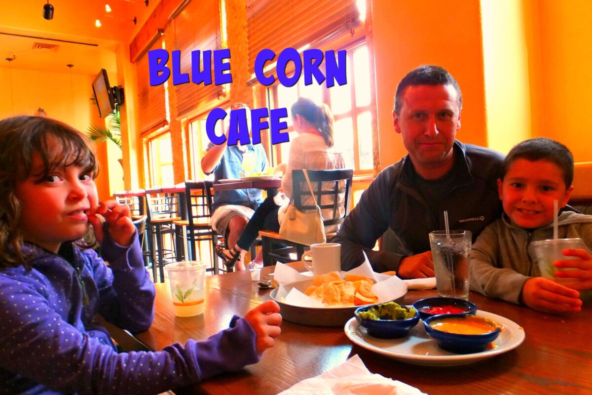 My husband and kids ( a boy and a girl) eating at the Blue Corn Cafe in Santa Fe