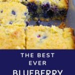 blueberry cornbread in pan with a piece removed