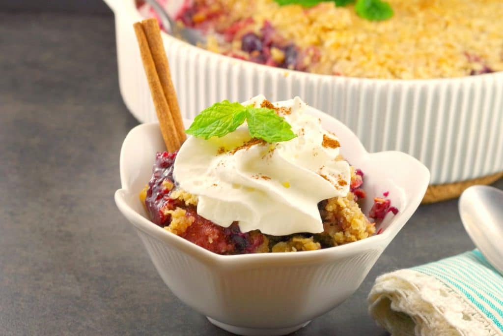 Quick & Easy Mixed Berry Crumble | with lemon, mint and coconut - foodmeanderings.com