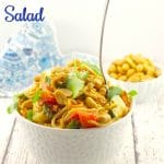Spicy Vegan Peanut Pasta Salad in bowl with bowl of peanuts in the backgaorun