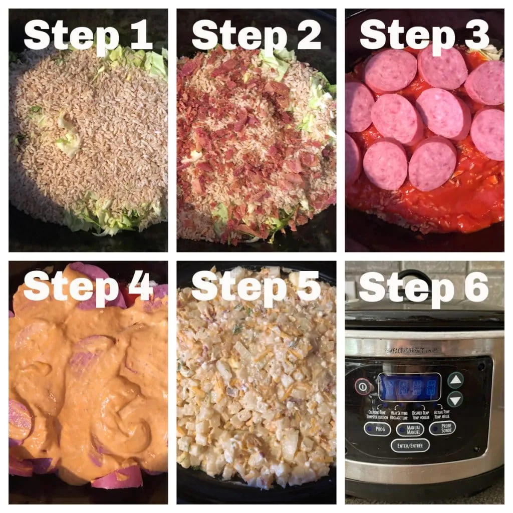 collage of 6 steps of making Ukrainian Daughter's Slow Cooker Casserole