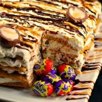 Mini Easter Creme eggs in front of cut out section of cake