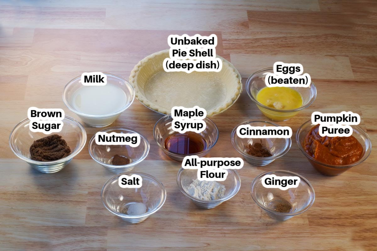 ingredients in prize pumpkin pie in glass bowls, labelled