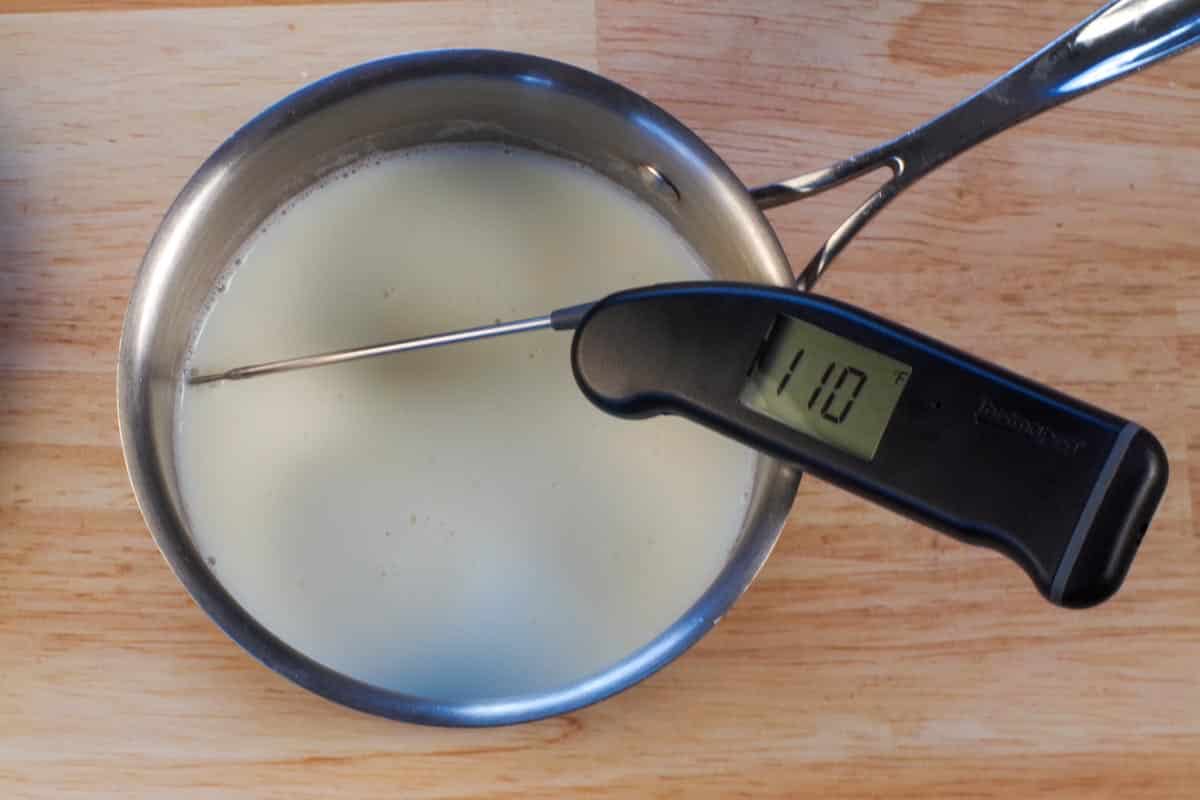 scalded milk in a small saucepan with instant-read thermometer reading 110 degrees F