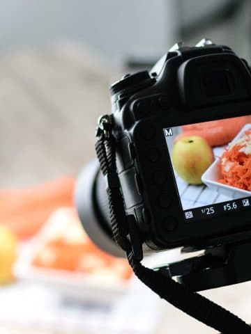 camera set up to take food photos, with image of food in the camera display