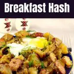 Pinterest Pin with white text on black background on top and bottom and photo of Ukrainian breakfast hash in the middle, with egg on top and Ukrainian egg shaped salt and pepper shakers in the background