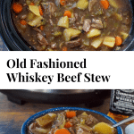 Top photo of Whiskey beef stew in crockpot and bottom photo is of beef stew in a bowl.