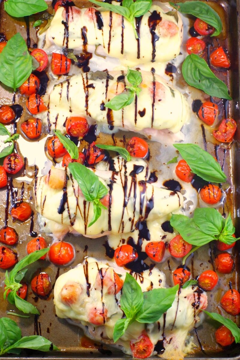caprese sheet pan chicken on sheet pan