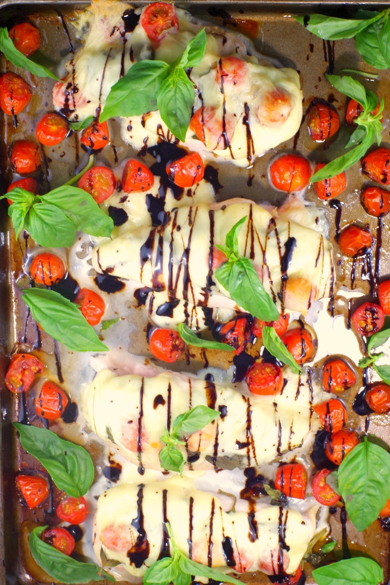 caprese sheet pan chicken on sheet pan