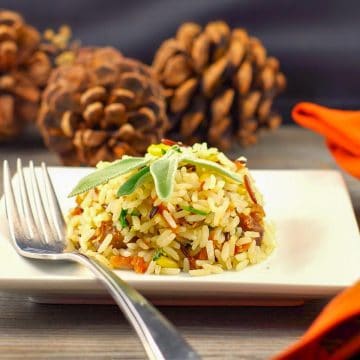apple rice with sausage on a white plate with pine cones in the background