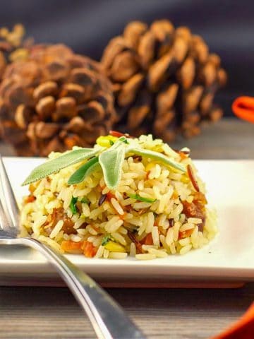 apple rice with sausage on a white plate with pine cones in the background