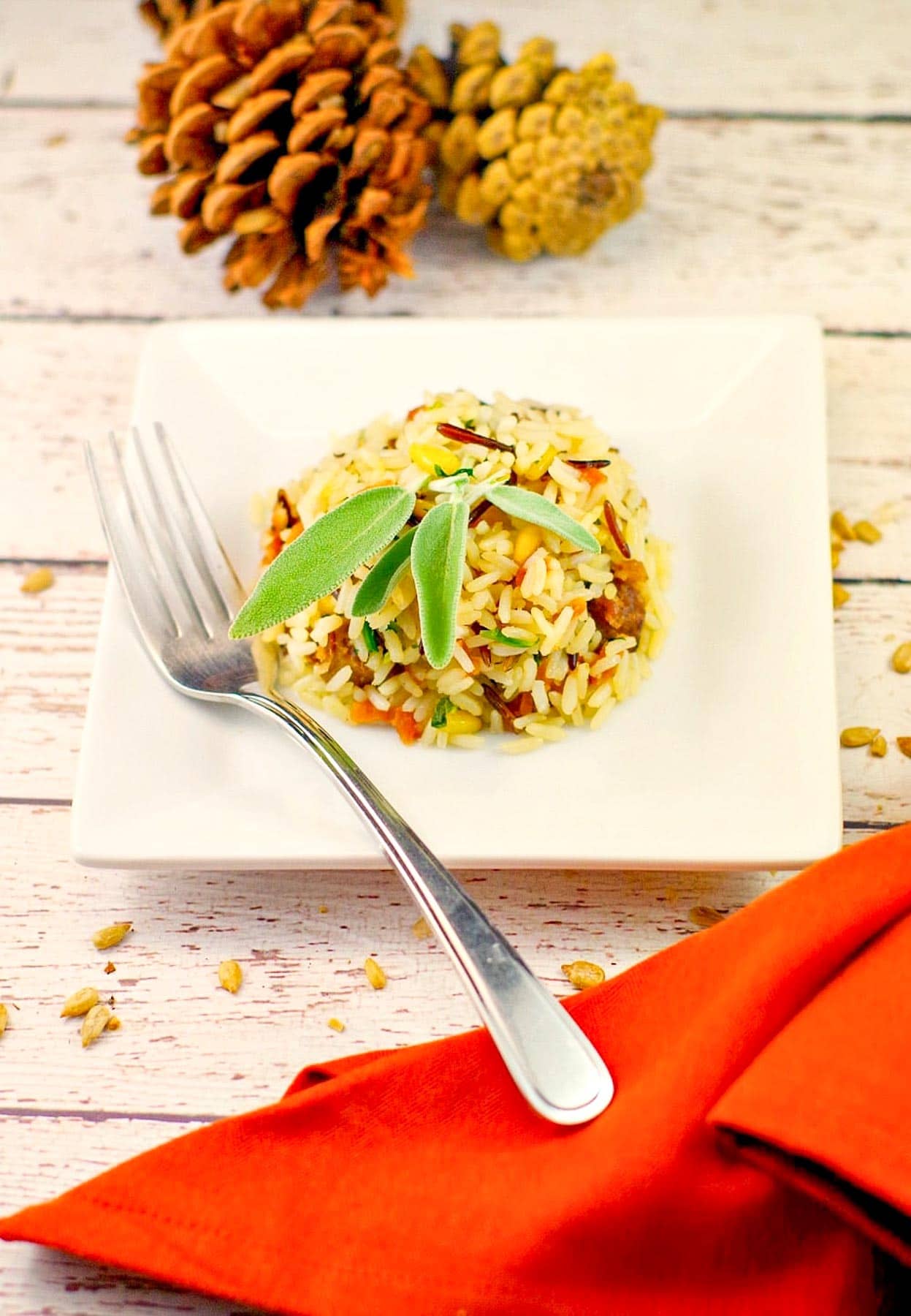 apple rice with sausage on a white plate with pine cones in the background