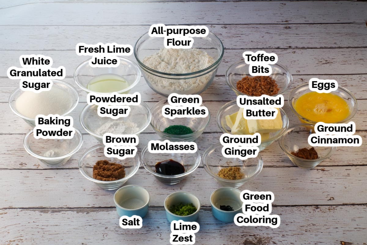 Ingredients needed for Lime Christmas Squares in glass bowls, labelled.