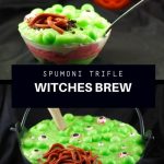 pin with 2 photos of witches brew spumoni trifle with text in the middle