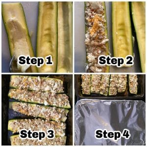 collage of 4 photos of steps to make perogy zucchini boats