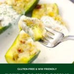 pin with text and photo of pierogi zucchini boats on a white plate