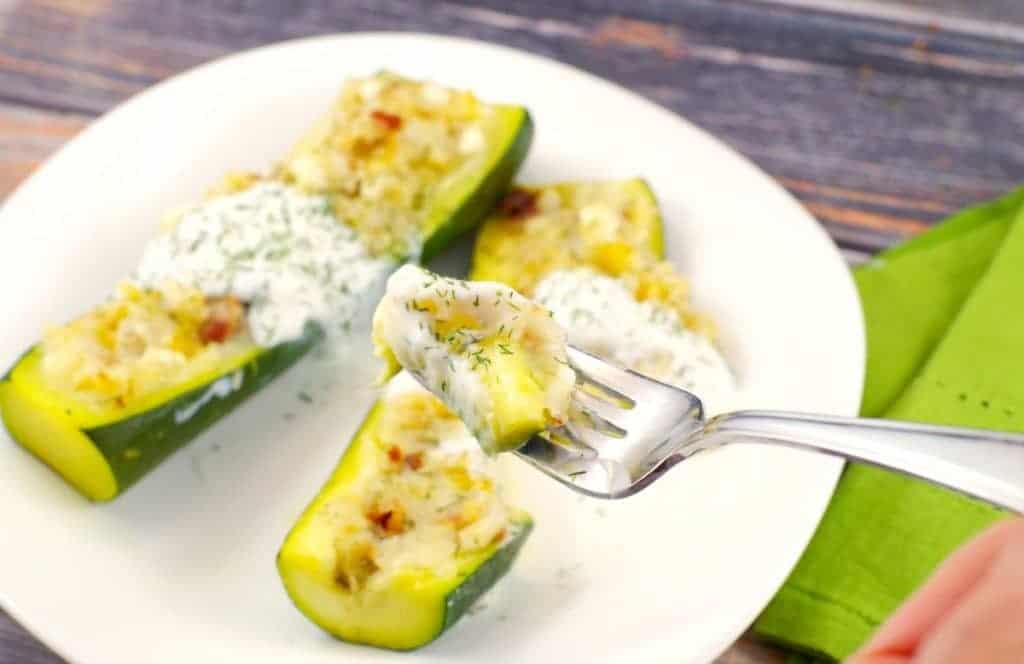 pierogi zucchini boats piece being held up on fork