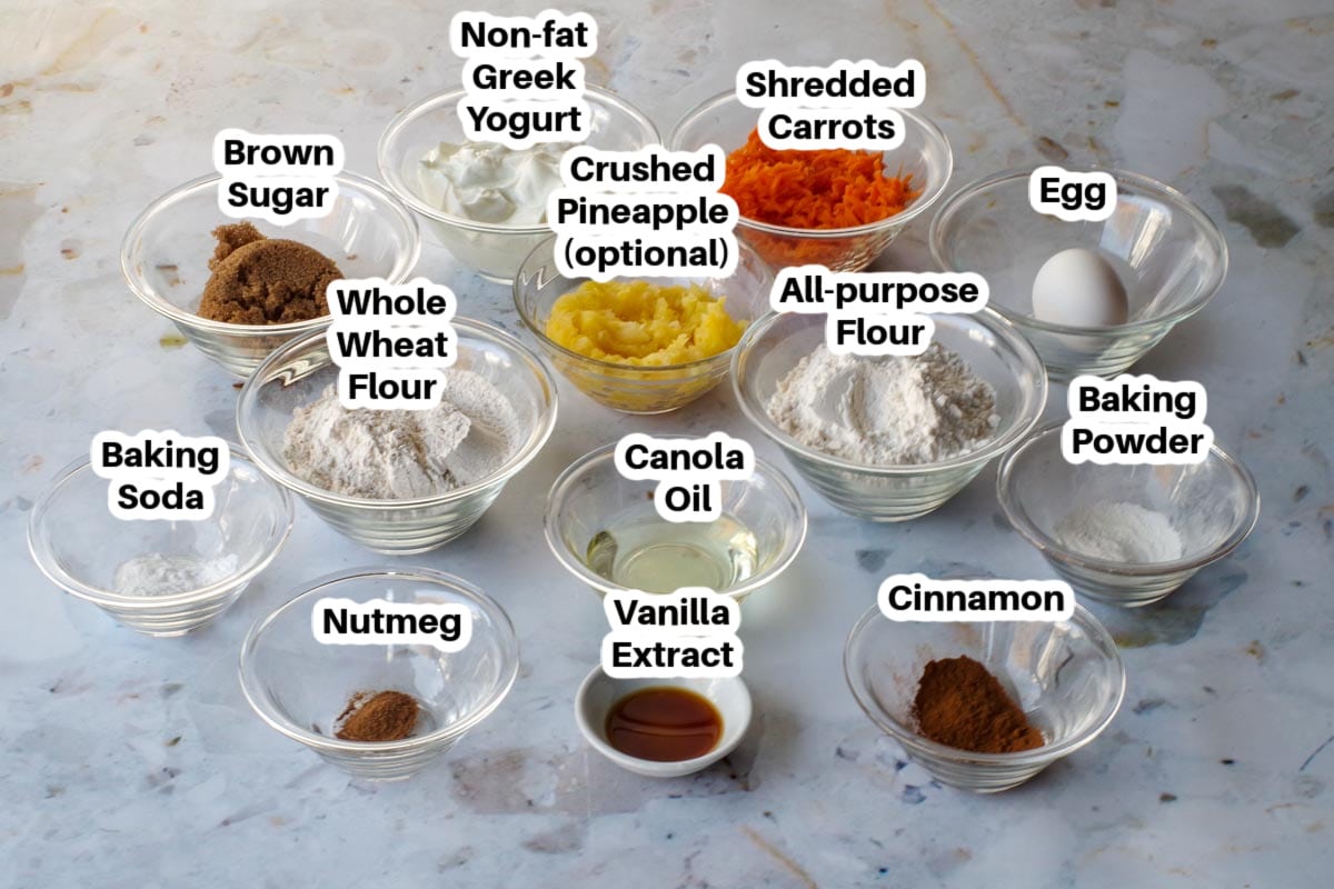 Ingredients in Healthy Carrot Bread in glass jars, labelled