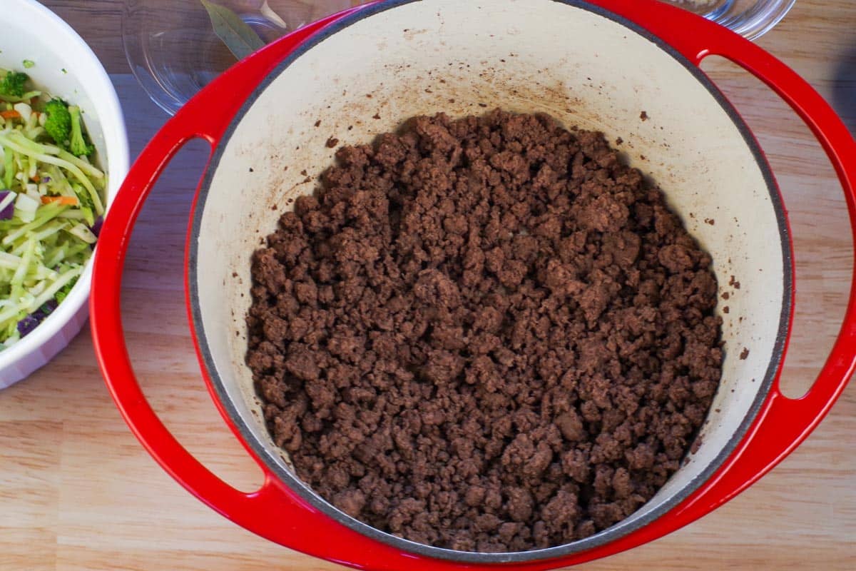 browned ground beef in dutch oven