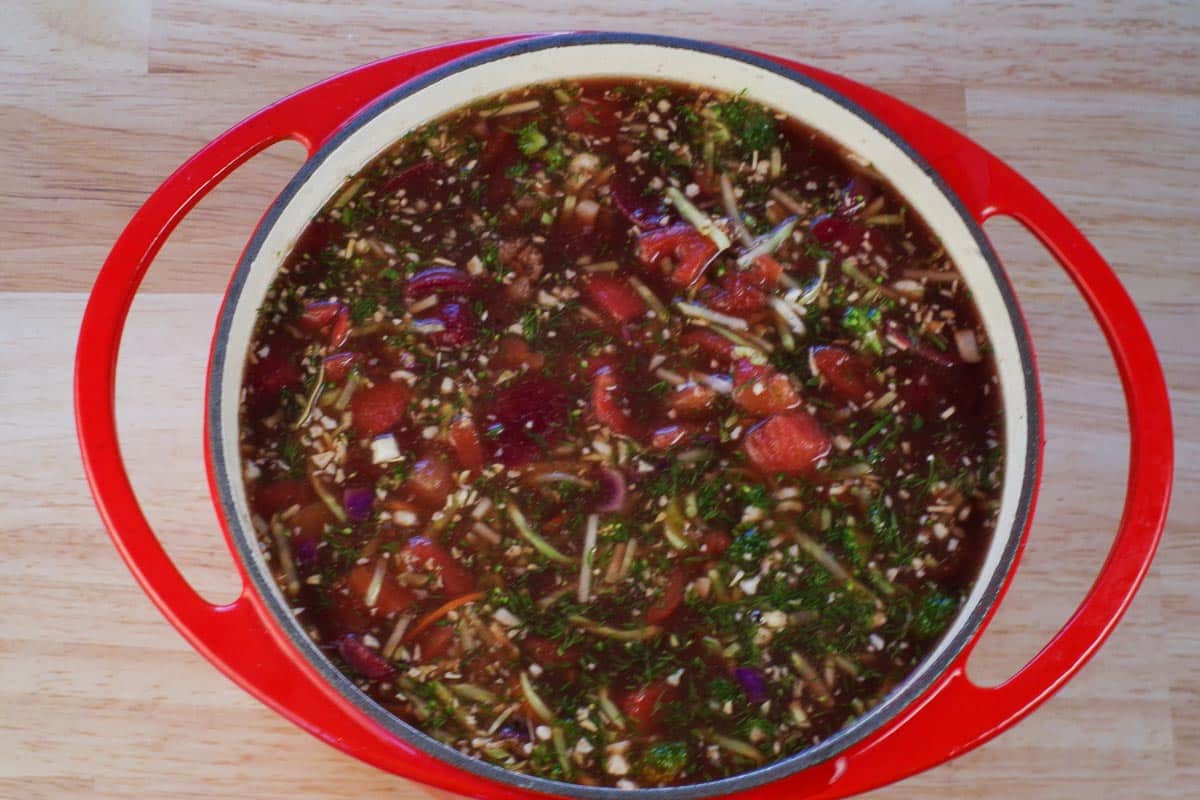 all remaining ingredients added to borscht before cooking in orange Dutch oven