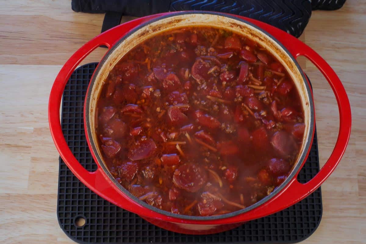 cooked borscht in orange Dutch oven