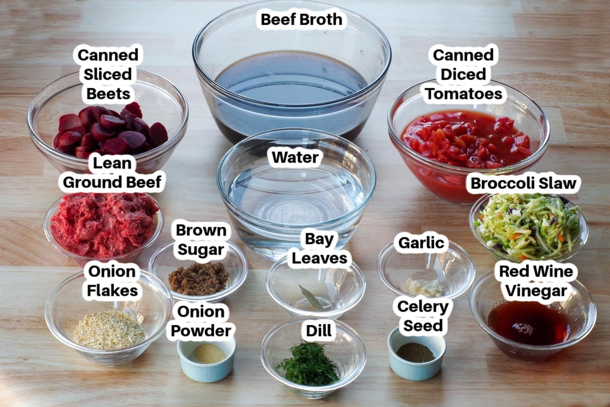 Ingredients in Beef Borscht in glass bowls, labelled