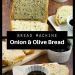 collage of photos of bread machine onion olive bread