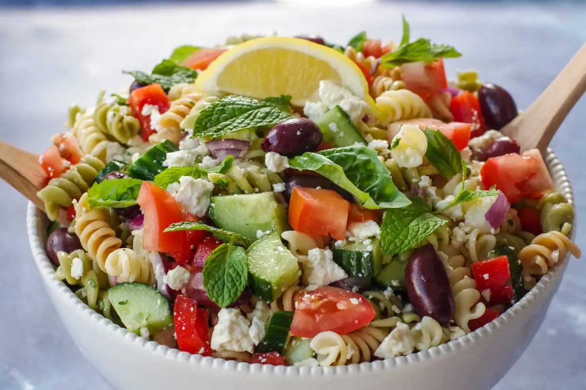 Greek pasta salad in white bowl