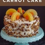 Pinterest Pin with photo of carrot cake in the middle and white text on brown background on top and bottom
