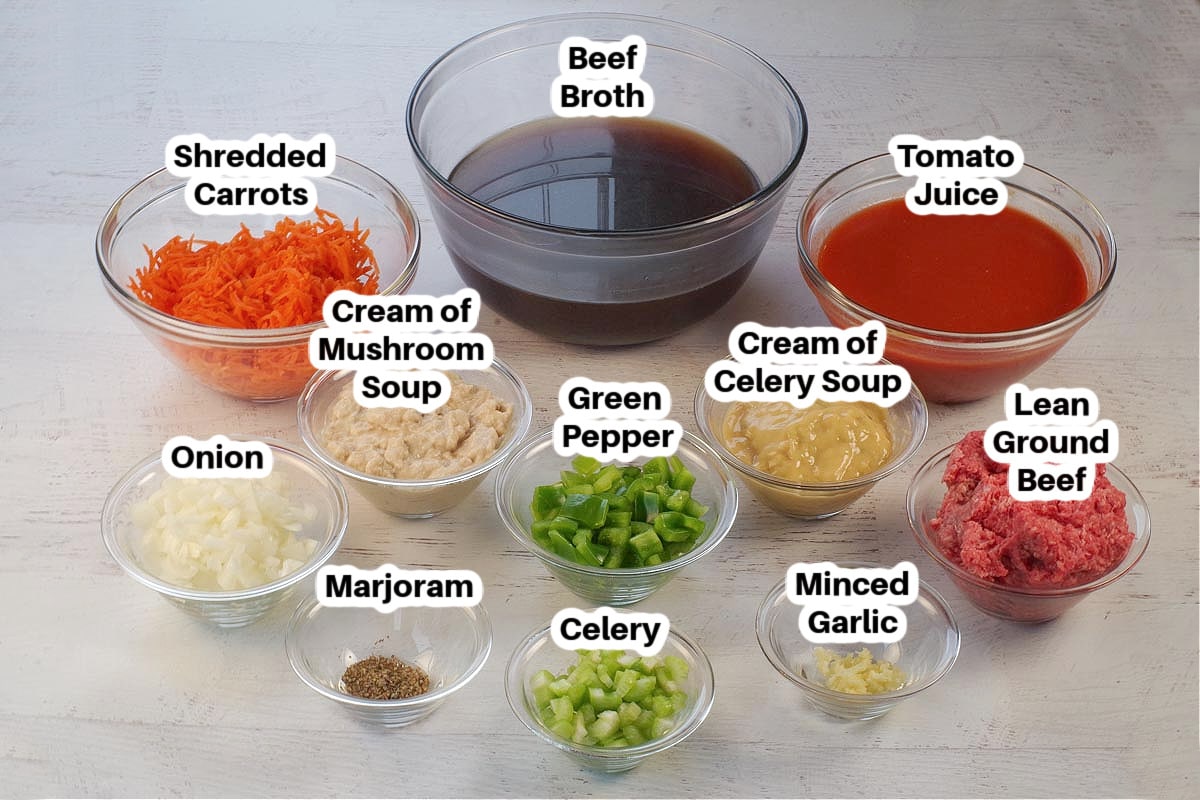 ingredients in carrot chowder in glass bowls, labelled