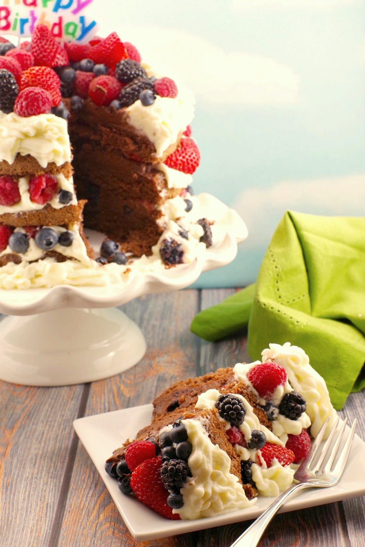 Chocolate Italian Sponge Cake with summer berries- sliced