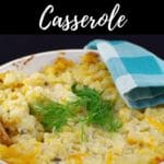Pinterest pin with white text on black background on top and bottom and photo of Hashbrown Casserole in a white casserole dish in the middle