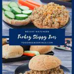 pinterest pin with beige text on blue background and 2 photos of turkey sloppy joe's
