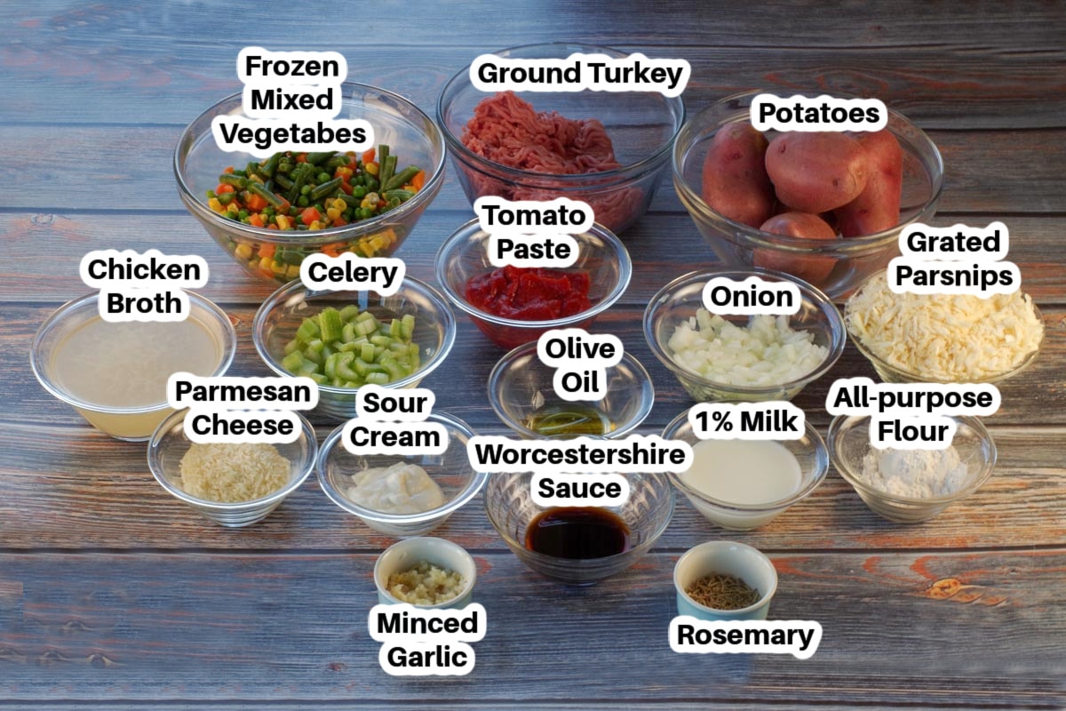 Ingredients in turkey shepherd's pie in glass bowls, labelled.