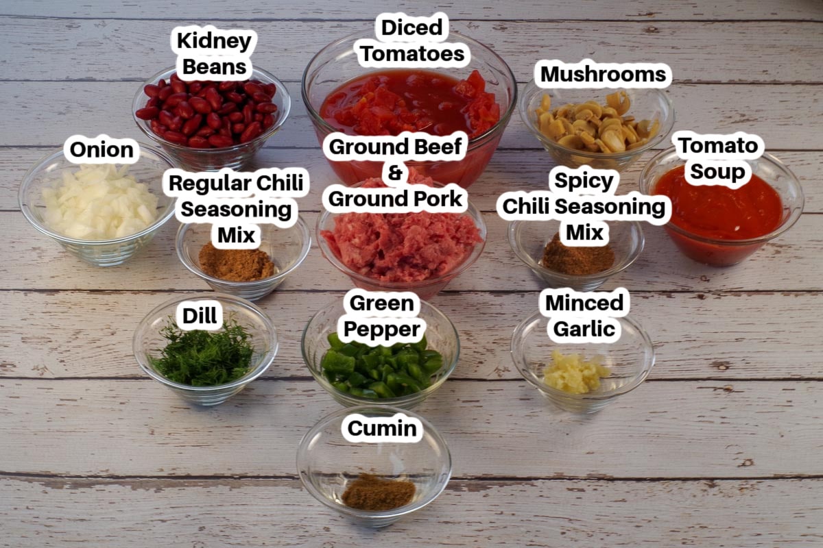 Ingredients in Beef and Pork Chili in glass bowls, labelled.