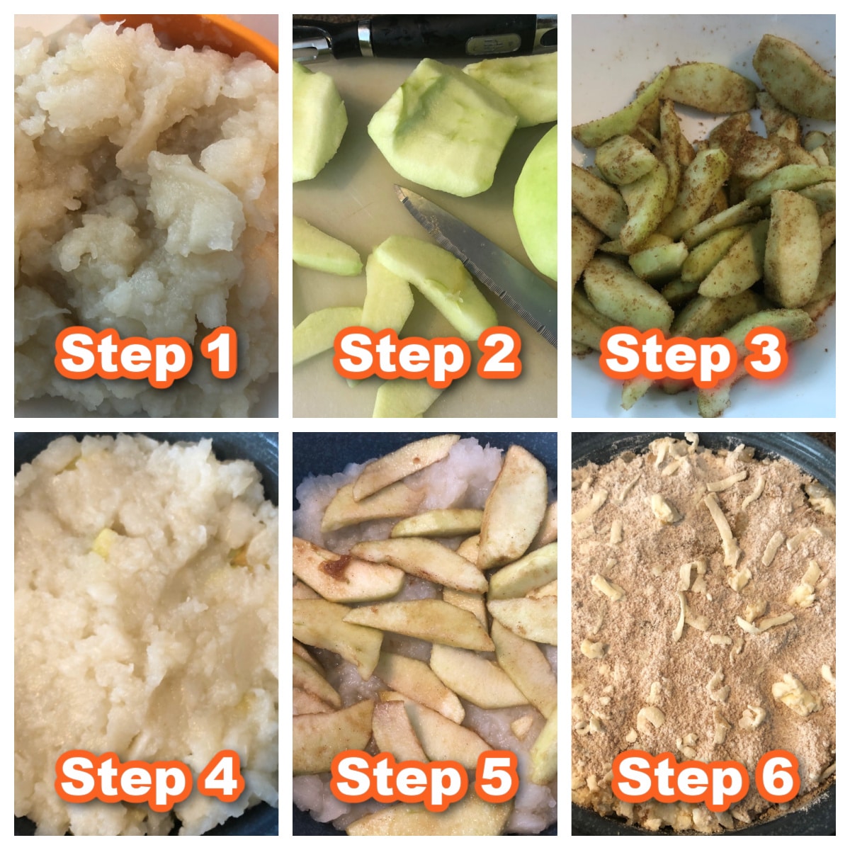 collage of 6 photos of steps to make turnip and apple casserole
