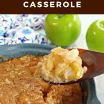 Pinterest pin with text at the top and bottom and photo of Weight Watchers turnip and apple casserole in a blue casserole dish. The casserole is being held up on a dark brown wooden spoon with 2 green apple and a blue flower pattern oven mitt in the background.