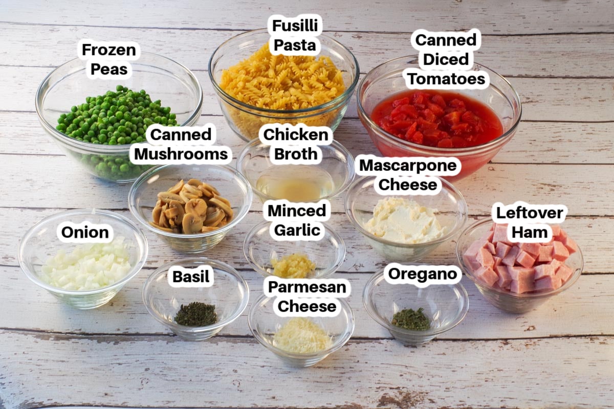 Ingredients in Leftover Ham Pasta in glass bowls, labelled.