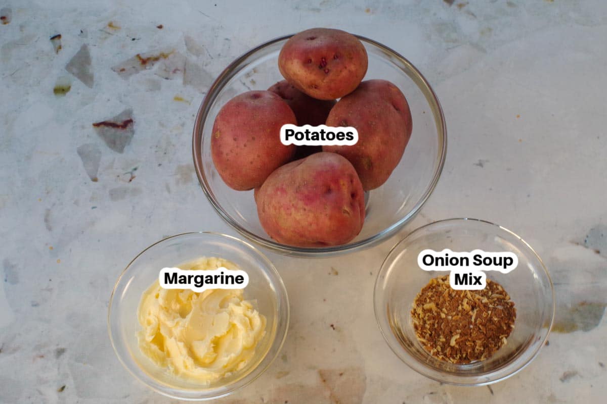 3 ingredients in onion baked potatoes in glass bowls, labelled