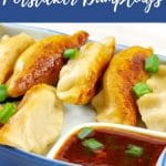 pinterest pin with white text on blue background at top and bottom and photo of chinese potsticker dumplings and sauce in a white and blue dish