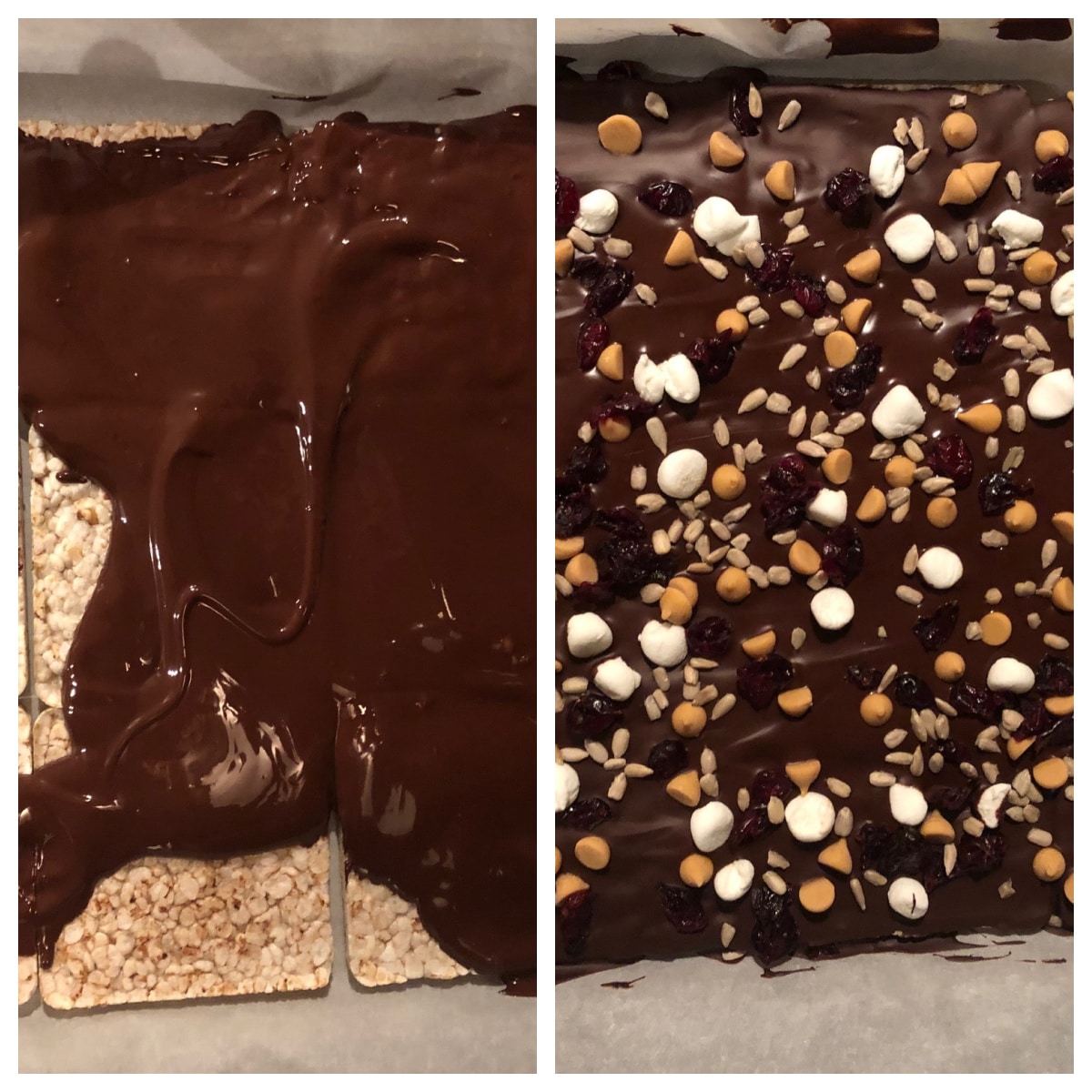 collage of 2 photos of how to make healthy no bake rocky road bars