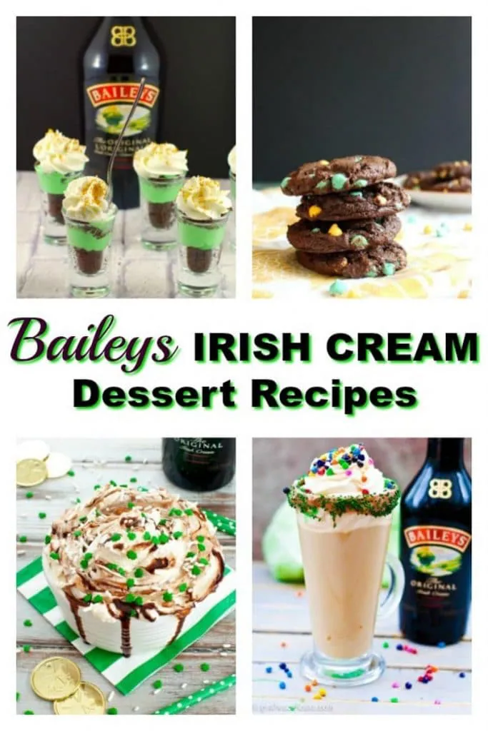 collage of 4 of the 10 Baileys Irish cream recipes in the post (including baileys cookies, dessert shots, drink and dip)