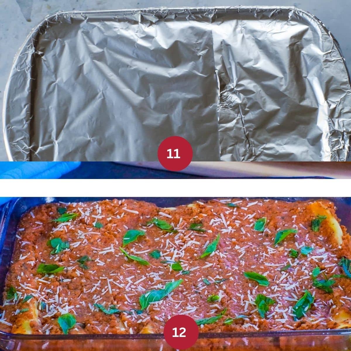 Collage of 2 photos of Beef Cannelloni being baked.