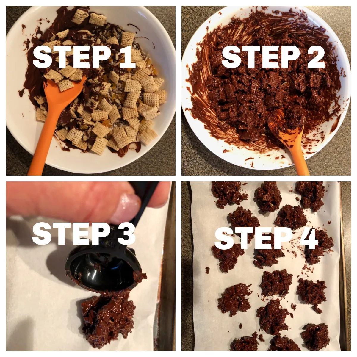 collage of 4 steps of making chocolate cereal clusters