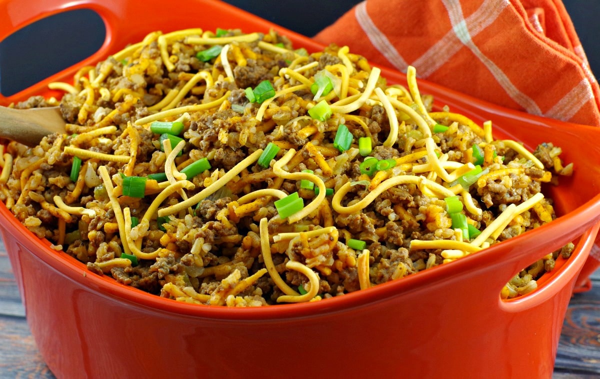 Chow Mein Minnesota Hotdish in large orange casserole dish