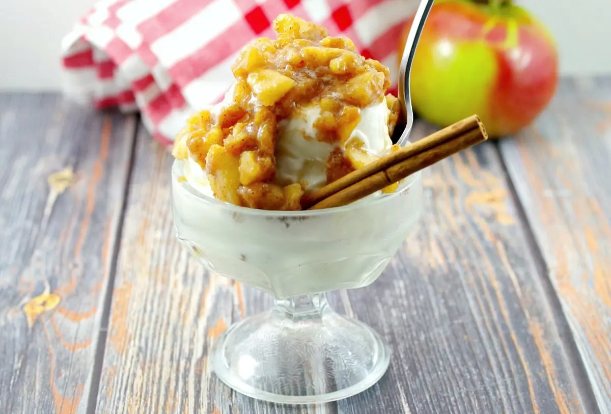 apple cinnamon topping on frozen yogurt in ice cream dish with spoon and cinnamon stick, apple and checked cloth in background