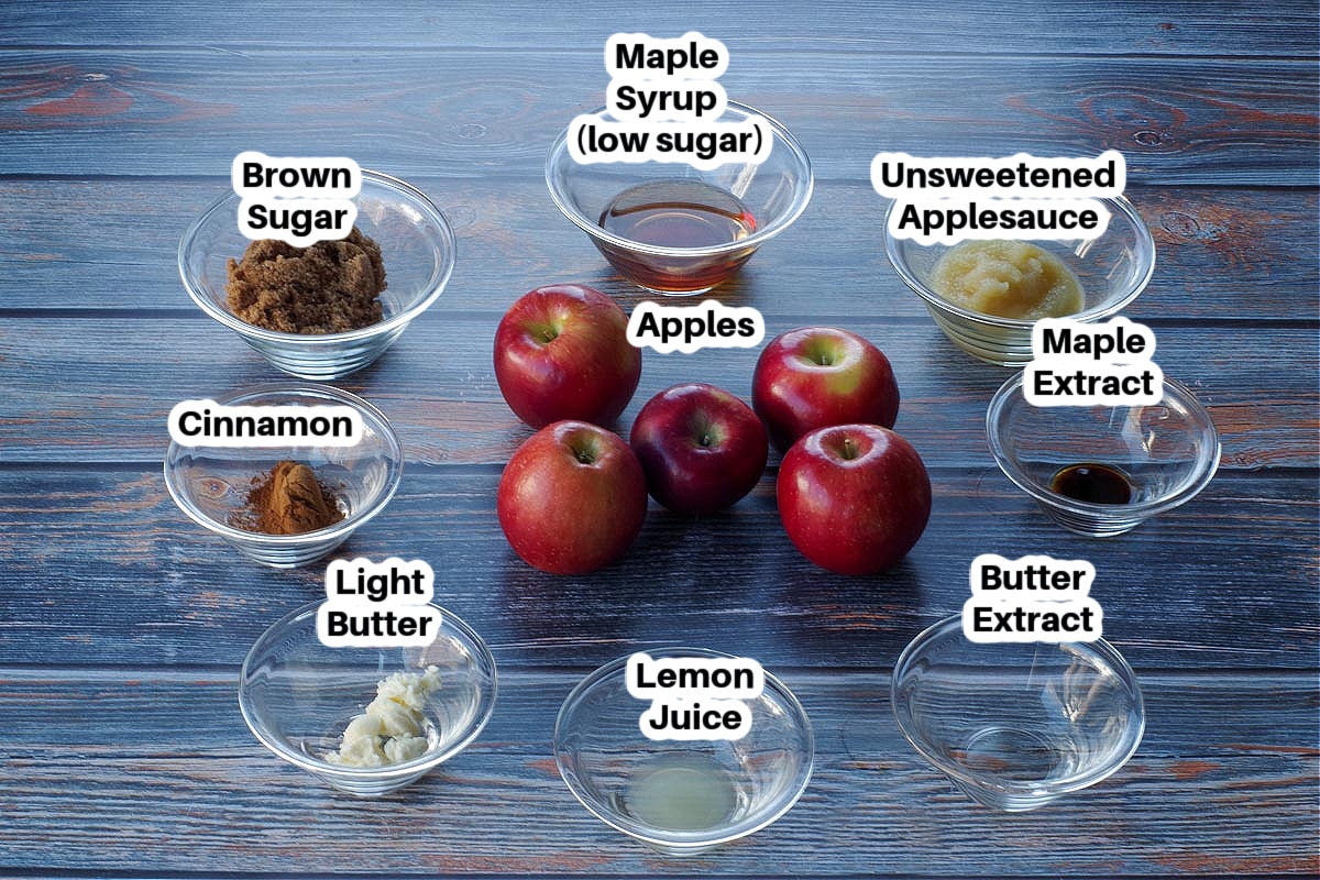 ingredients in cinnamon apple topping in glass bowls, labelled