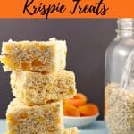 4 Apricot Sunflower Rice Krispie Treats stacked with apricots and sunflower seeds in background